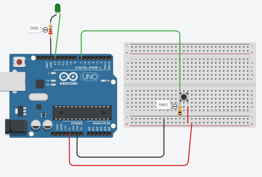 Circuito: pulsador pin 7 pull-down 10 kΩ y LED pin 13 resistencia 220 Ω
